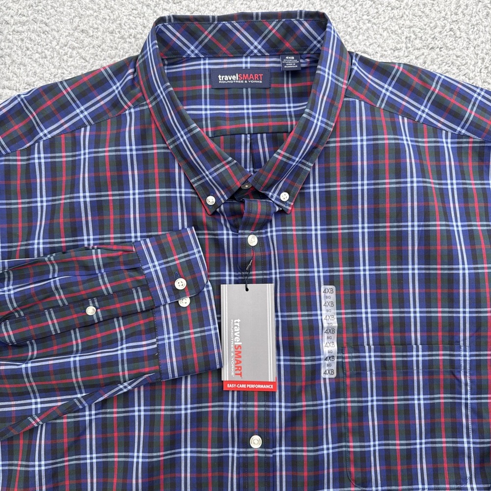 Roundtree & Yorke Dress Shirt Mens 4XB Blue Plaid NWT TravelSmart Long Sleeve